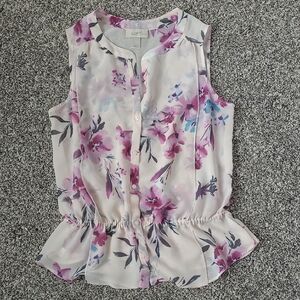 LOFT Cream Sleeveless Sheer Peplum Blouse with Mandarin Collar